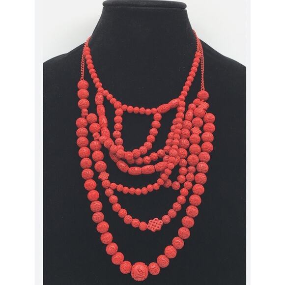 Simply Vera Asian Red Cinnabar Style Sculpted Round Barrel Beads Abstract 18" - Picture 1 of 13
